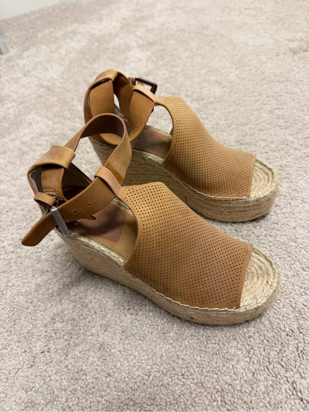 Marc Fisher Perforated Tan Espadrille Wedges with Ankle Strap